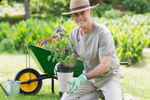 Professional lawn mowing equipment in Belmont yard